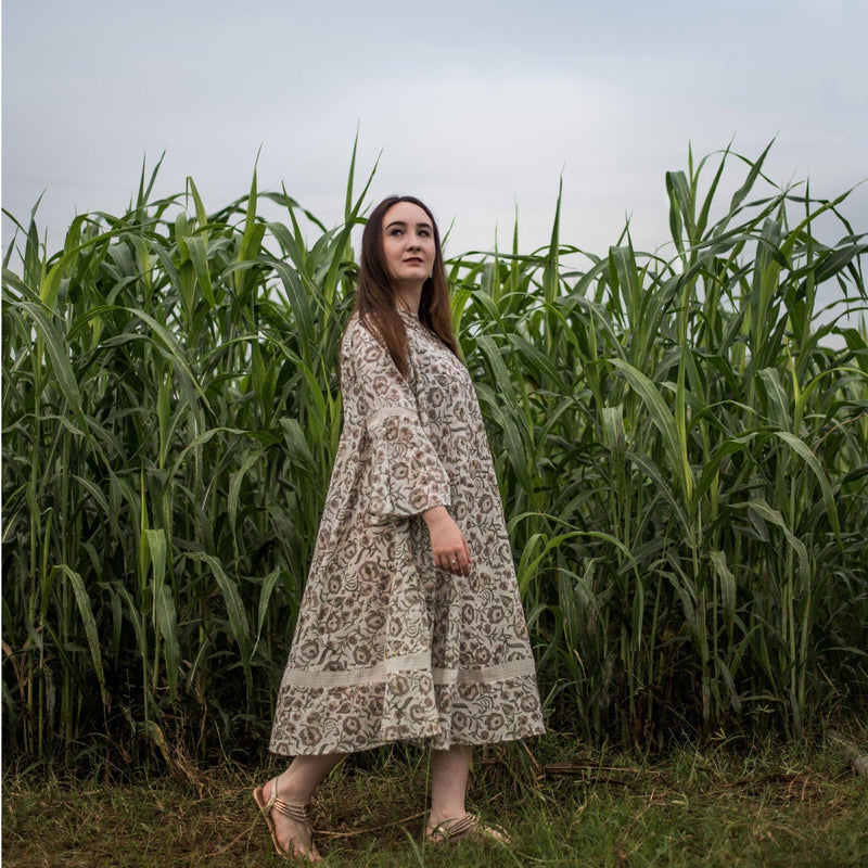 Right View of a Model wearing Sanganeri Block Printed Midi Tent Dress