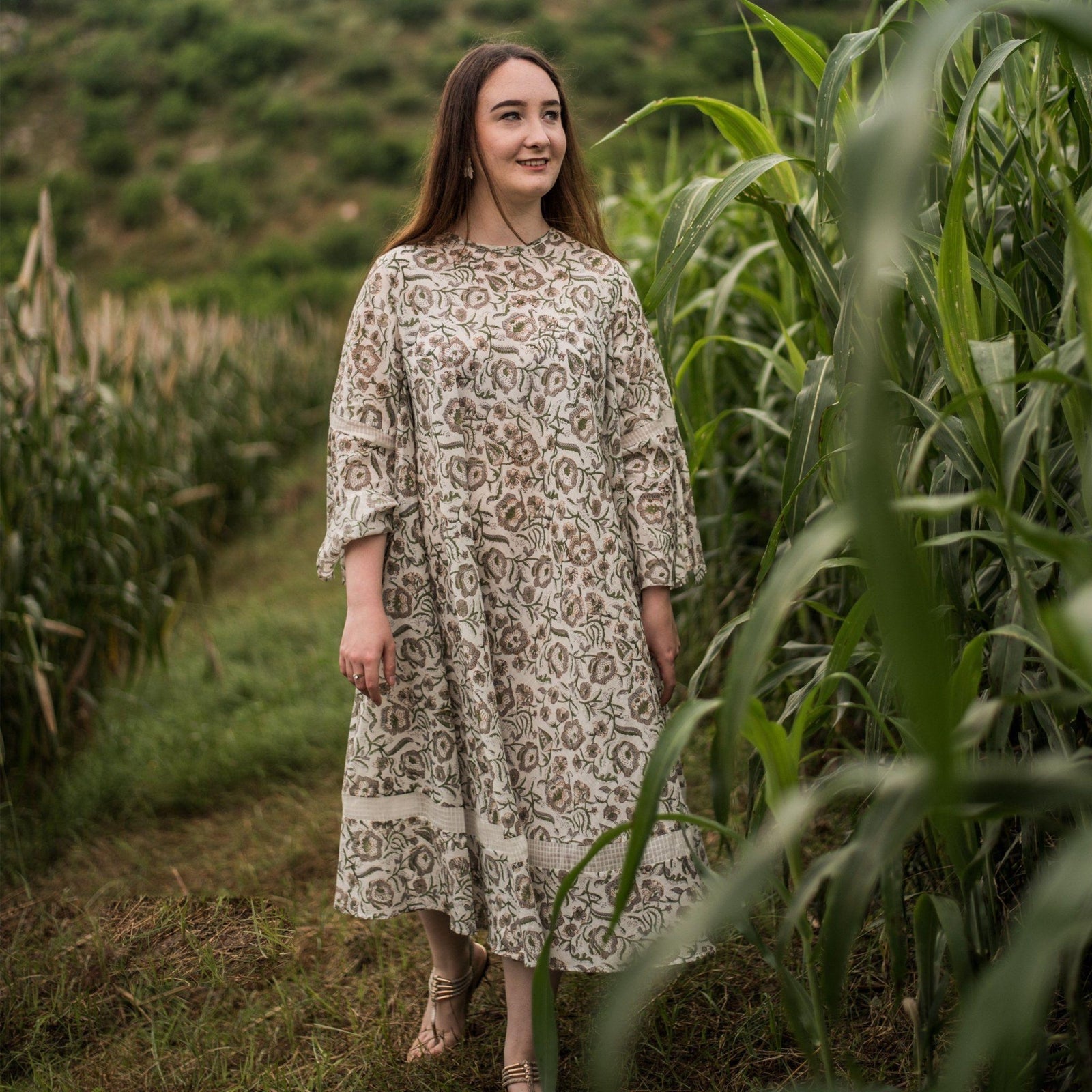 tent dress with sleeves Sanganeri Block Printed Cotton Midi Tent Dress 70" / Petite (5'1" and below)