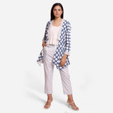 Front View of a Model wearing Check Print Loose Fit Cotton Shrug