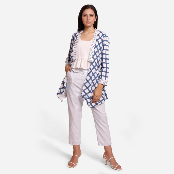 Front View of a Model wearing Check Print Loose Fit Cotton Shrug