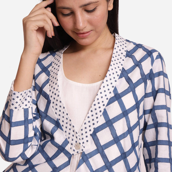 Front Detail of a Model wearing Sanganeri Checks Block Printed Shawl Collar Cotton Shrug