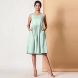 Front View of a Model wearing Cotton Sea Green Gathered Yoke Dress