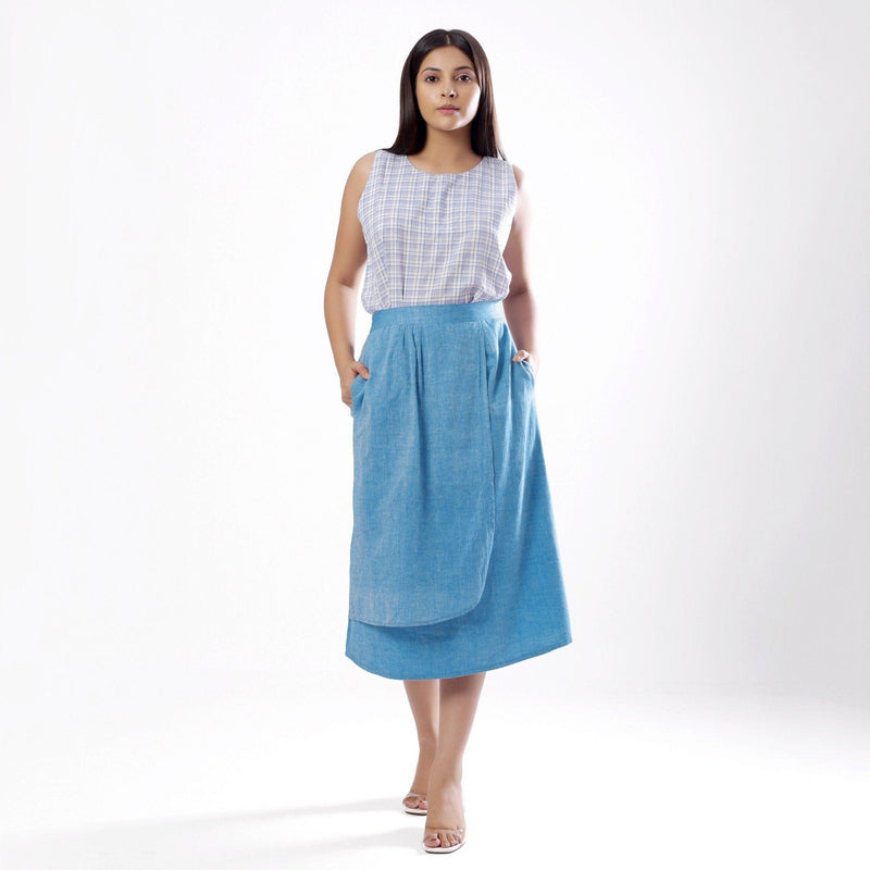 Front View of a Model wearing Handspun Sky Blue Layered Skirt