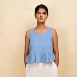 Front View of a Model wearing Sky Blue Jamdani 100% Cotton Peplum Top