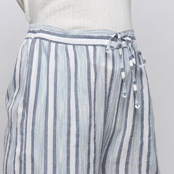 Front Detail of a Model Wearing Sky Blue Yarn Dyed Cotton Culottes