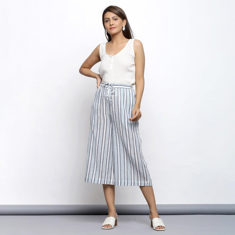 Front View of a Model Wearing Sky Blue Yarn Dyed Cotton Culottes