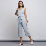 Left View of a Model wearing Crinkled Cotton Straight Fit Jumpsuit