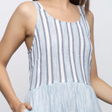 Front Detail of a Model wearing Sky Blue Tiered Yarn Dyed Striped Dress