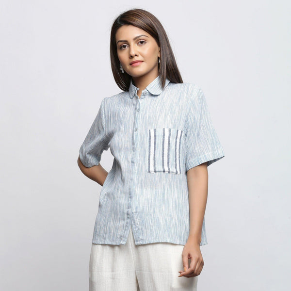 Front View of a Model wearing Sky Blue Yarn Dyed Button-Down Shirt