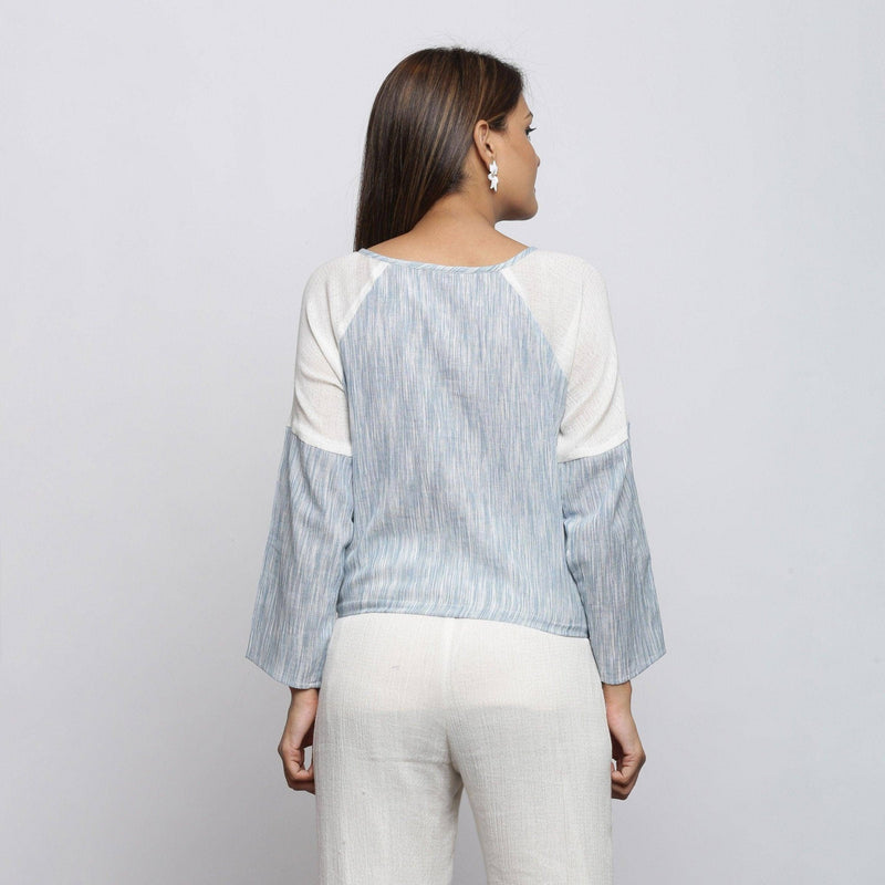 Sky Blue Yarn Dyed Cotton Raglan Sleeve Top