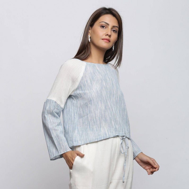 Sky Blue Yarn Dyed Cotton Raglan Sleeve Top