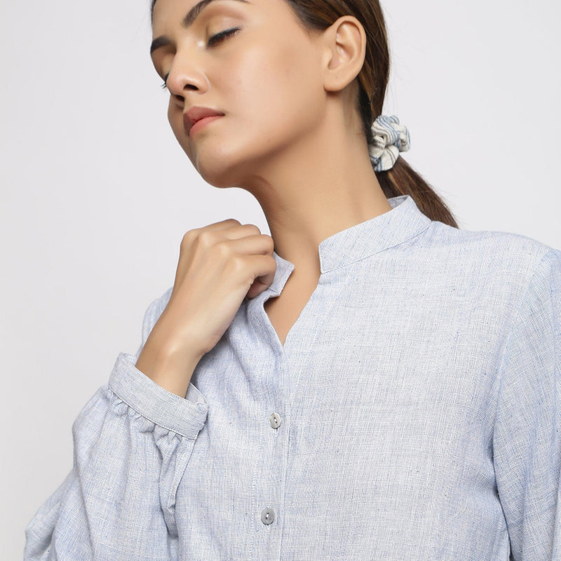 Front Detail of a Model wearing Sky Blue Handspun Button-down Shirt