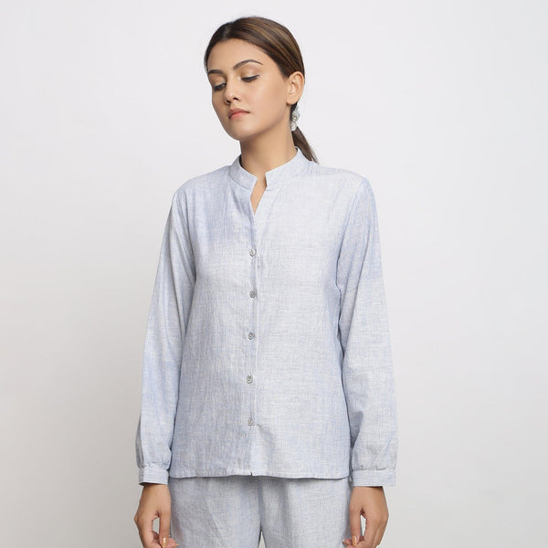 Front View of a Model wearing Sky Blue Handspun Button-down Shirt