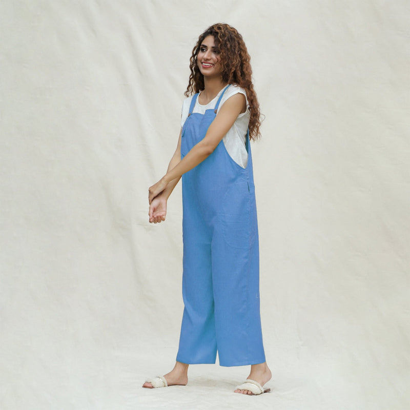 Slate Blue 100% Cotton Ankle Length Dungaree Jumpsuit