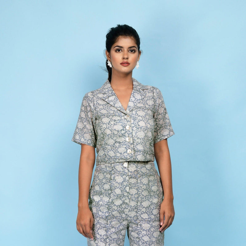 Front View of a Model wearing Slate Blue 100% Cotton Block Print Crop Top