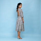 Back View of a Model wearing Slate Blue Block Printed 100% Cotton Midi Dress