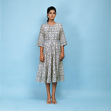 Front View of a Model wearing Slate Blue Block Printed 100% Cotton Midi Dress