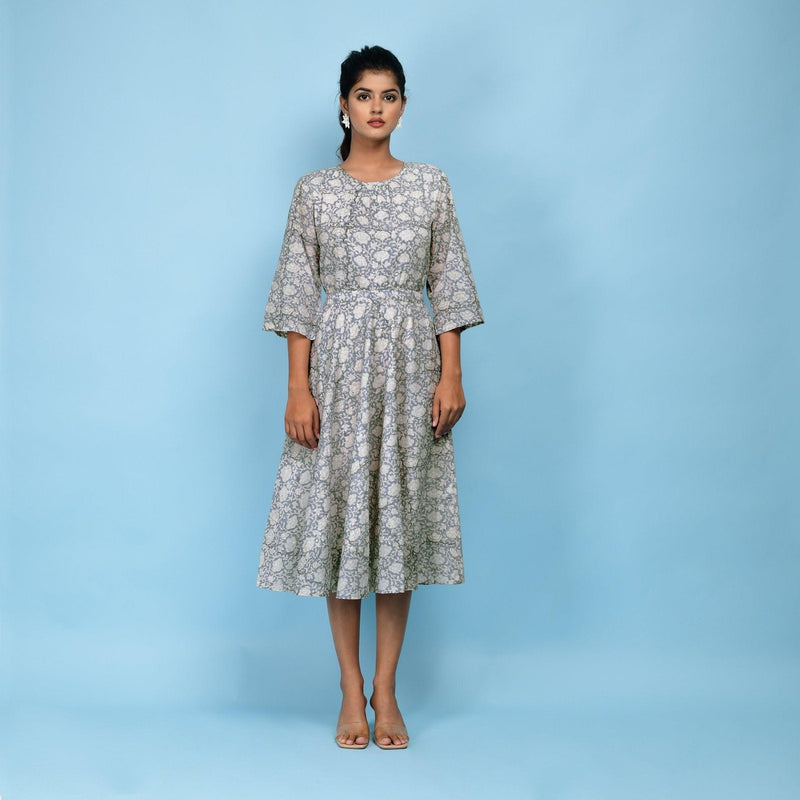 Front View of a Model wearing Slate Blue Block Printed 100% Cotton Midi Dress