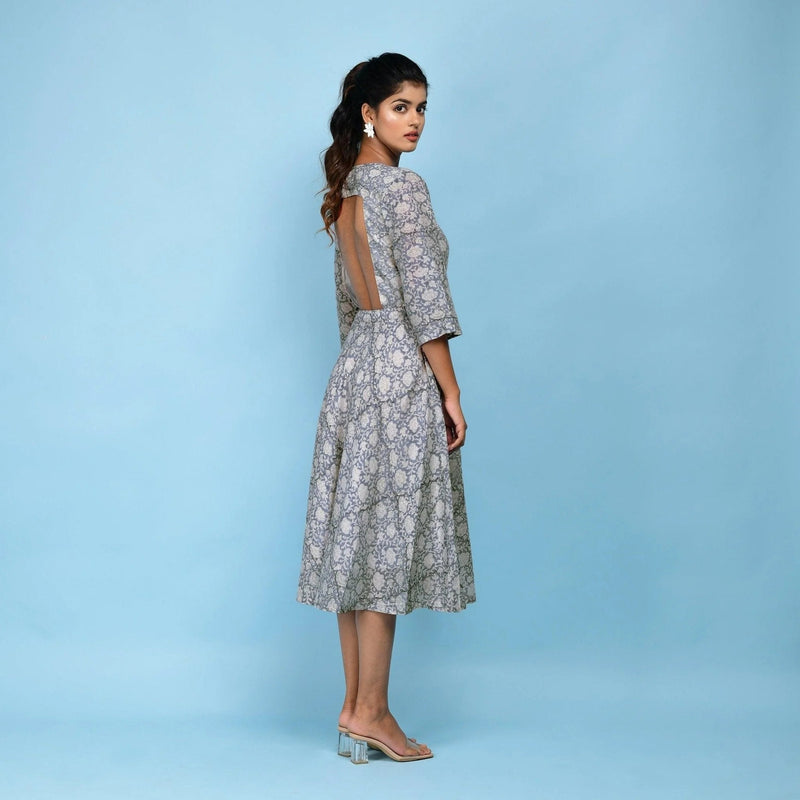 Back View of a Model wearing Slate Blue Block Printed Cotton Midi Dress