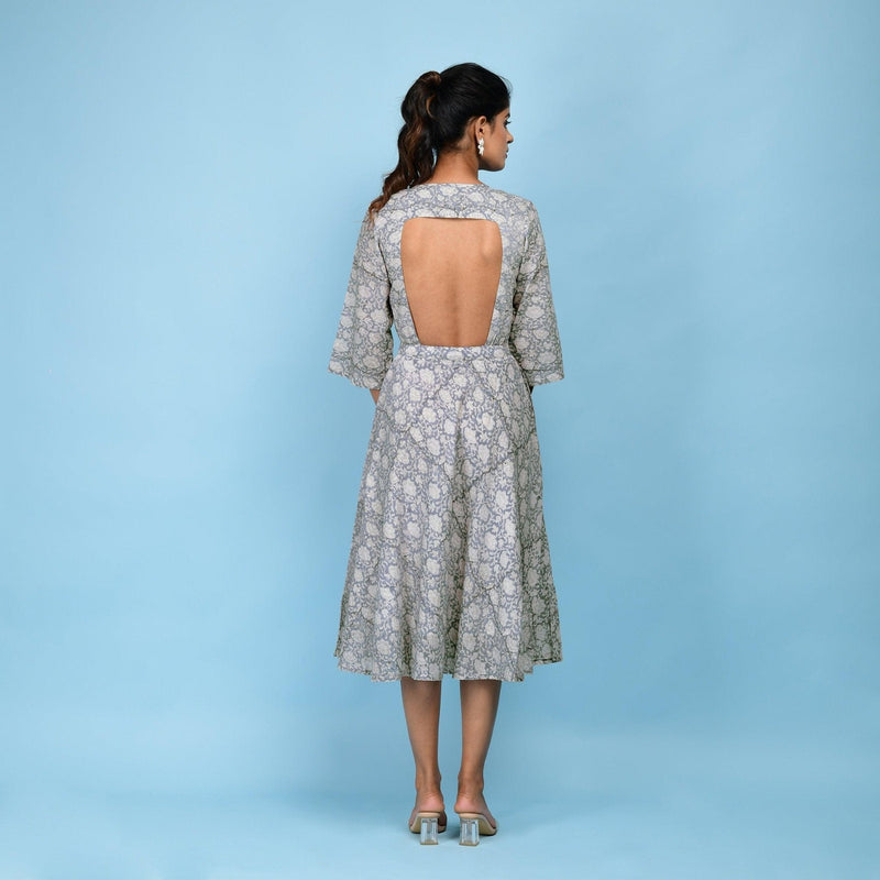 Back View of a Model wearing Slate Blue Block Printed 100% Cotton Midi Dress