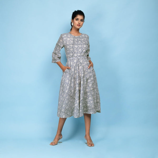 Front View of a Model wearing Slate Blue Block Printed 100% Cotton Midi Dress