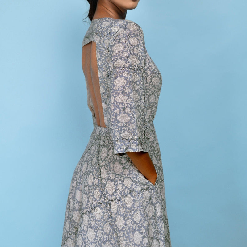 Right Detail of a Model wearing Slate Blue Block Printed 100% Cotton Midi Dress