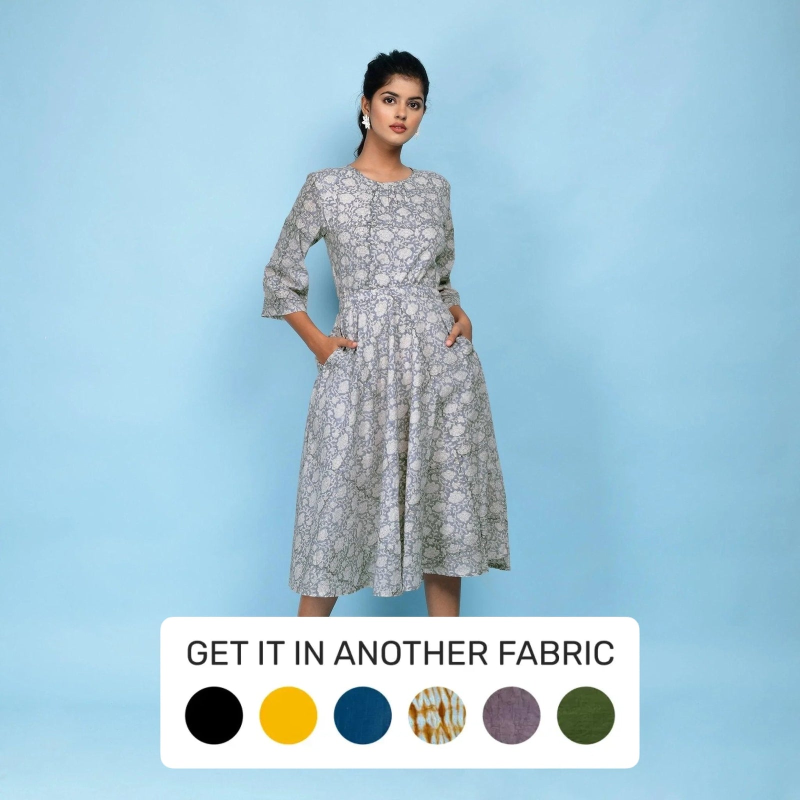 slate blue midi dress Block Printed Cotton When it's too hot Dead-Stock-Sale-Resort26 All fabric is hand COLOR:Black Multi