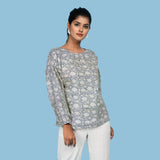 Front View of a Model wearing Slate Blue Block Printed 100% Cotton Drop Shoulder Top