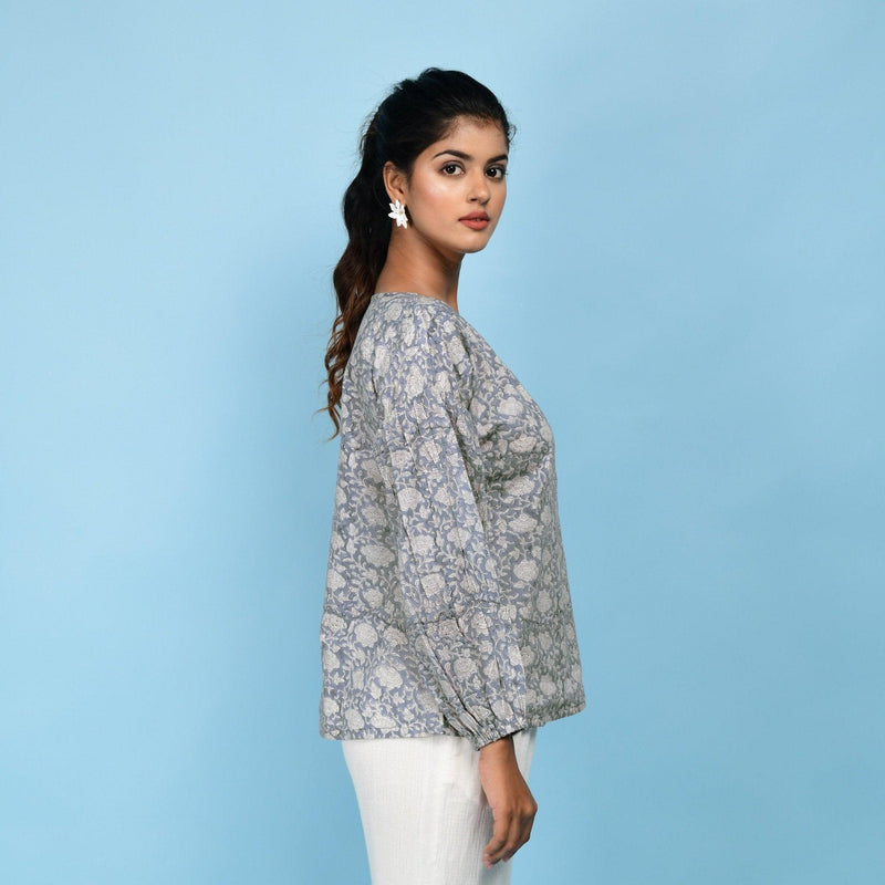 Right View of a Model wearing Slate Blue Block Printed 100% Cotton Drop Shoulder Top