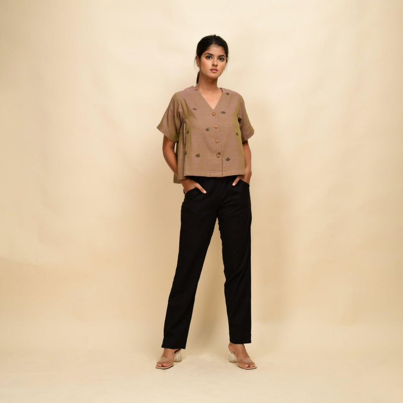 Front View of a Model wearing Slate Brown Paneled 100% Cotton Top