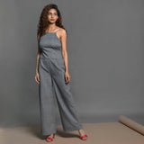 Front View of a Model wearing Slate Grey Backless Cami Top and Pant Set