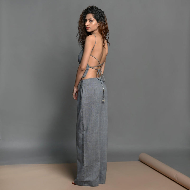 Left View of a Model wearing Slate Grey Handspun Cotton Backless Cami Top