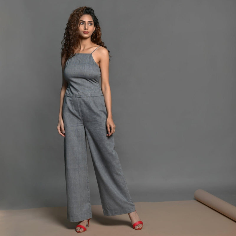 Front View of a Model wearing Slate Grey Handspun Cotton Wide Leg Pants