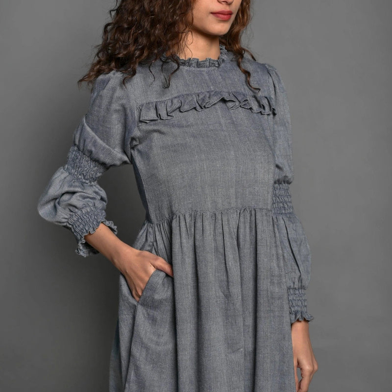 Buy Slate Grey Handspun Cotton Knee Length Frilled Peasant Dress Online at SeamsFriendly Buy Slate Grey Handspun Cotton Knee Length Frilled Peasant Dress Online at SeamsFriendly