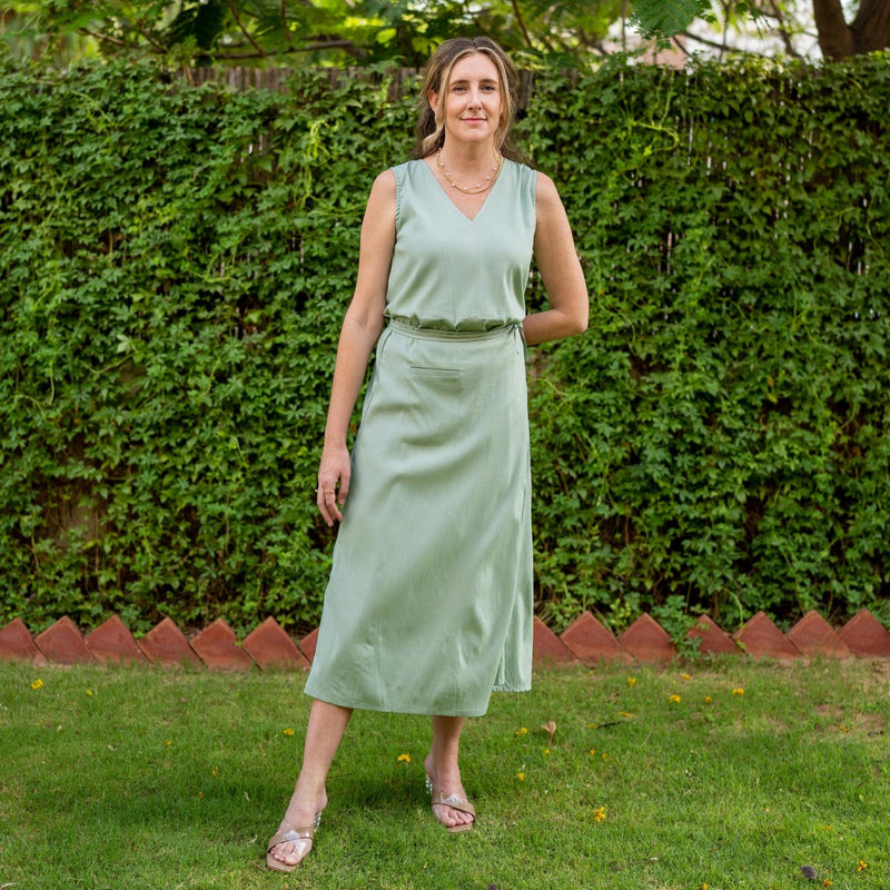 Smoke Green Cotton A-Line Sheath Midi Wrap Dress 38" / Petite (5'1" and below) Smoke Green Cotton A-Line Sheath Midi Wrap Dress 38" / Petite (5'1" and below)