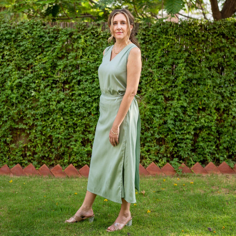 Smoke Green Cotton A-Line Sheath Midi Wrap Dress 34" / Petite (5'1" and below) Smoke Green Cotton A-Line Sheath Midi Wrap Dress 34" / Petite (5'1" and below)