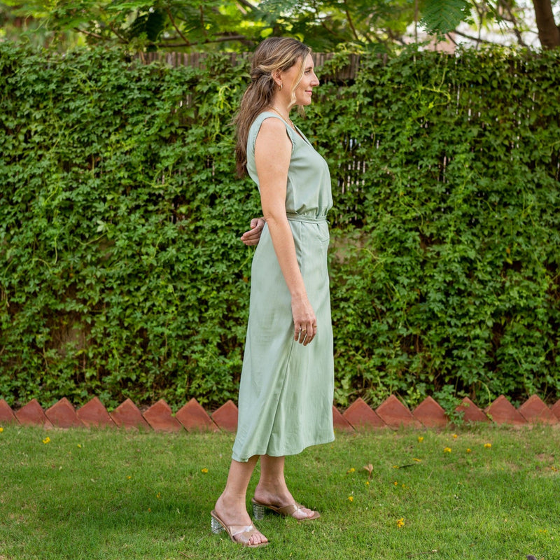 Smoke Green Cotton A-Line Sheath Midi Wrap Dress 34" / Petite (5'1" and below) Smoke Green Cotton A-Line Sheath Midi Wrap Dress 34" / Petite (5'1" and below)