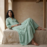 Smoke Green Cotton Deep-V Maxi Tier Dress