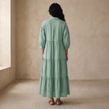 Smoke Green Cotton Deep-V Maxi Tier Dress