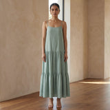 Smoke Green Cotton Drop-Waist Camisole Maxi Tier Dress