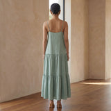Smoke Green Cotton Drop-Waist Camisole Maxi Tier Dress