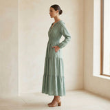 Smoke Green Cotton Fit and Flare Maxi Tier Dress