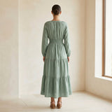 Smoke Green Cotton Fit and Flare Maxi Tier Dress