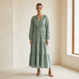 Smoke Green Cotton Fit and Flare Maxi Tier Dress