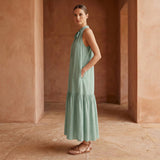 Smoke Green Cotton Halter-Neck Sleeveless Midi Tier Dress