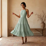 Smoke Green Cotton Halter Neck Tier Midi Dress