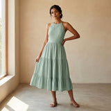 Smoke Green Cotton Halter Neck Tier Midi Dress