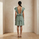 Smoke Green Cotton Open-Back Fit and Flare Knee Length Dress