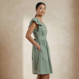 Smoke Green Cotton Open-Back Fit and Flare Knee Length Dress