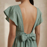Smoke Green Cotton Open-Back Fit and Flare Knee Length Dress